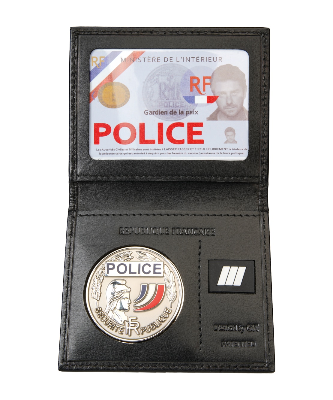 Porte-carte Police: 3 volets avec médaille et grade, cuir véritable