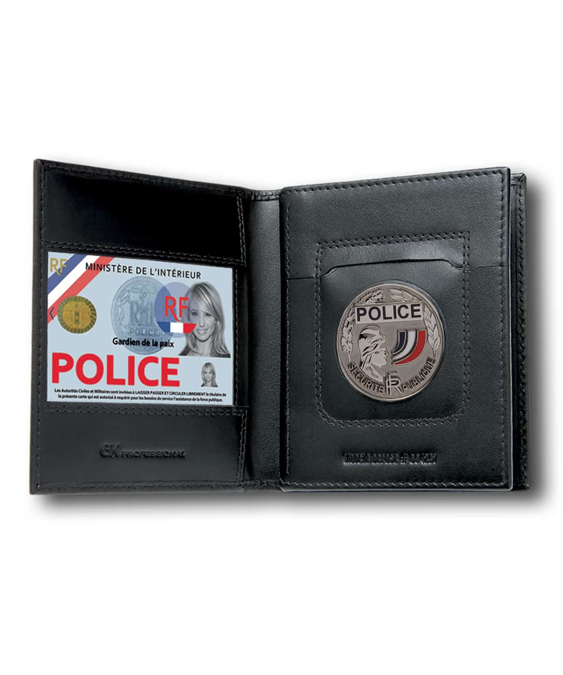 Porte-carte Gendarmerie 3 volets avec médaille et grade,cuir véritable